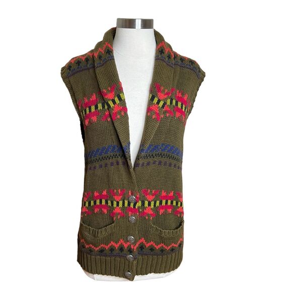 Vintage Jackets & Blazers - Harolds Vintage Vest Womens Small Green Printed Shawl V Neck Sleeveless